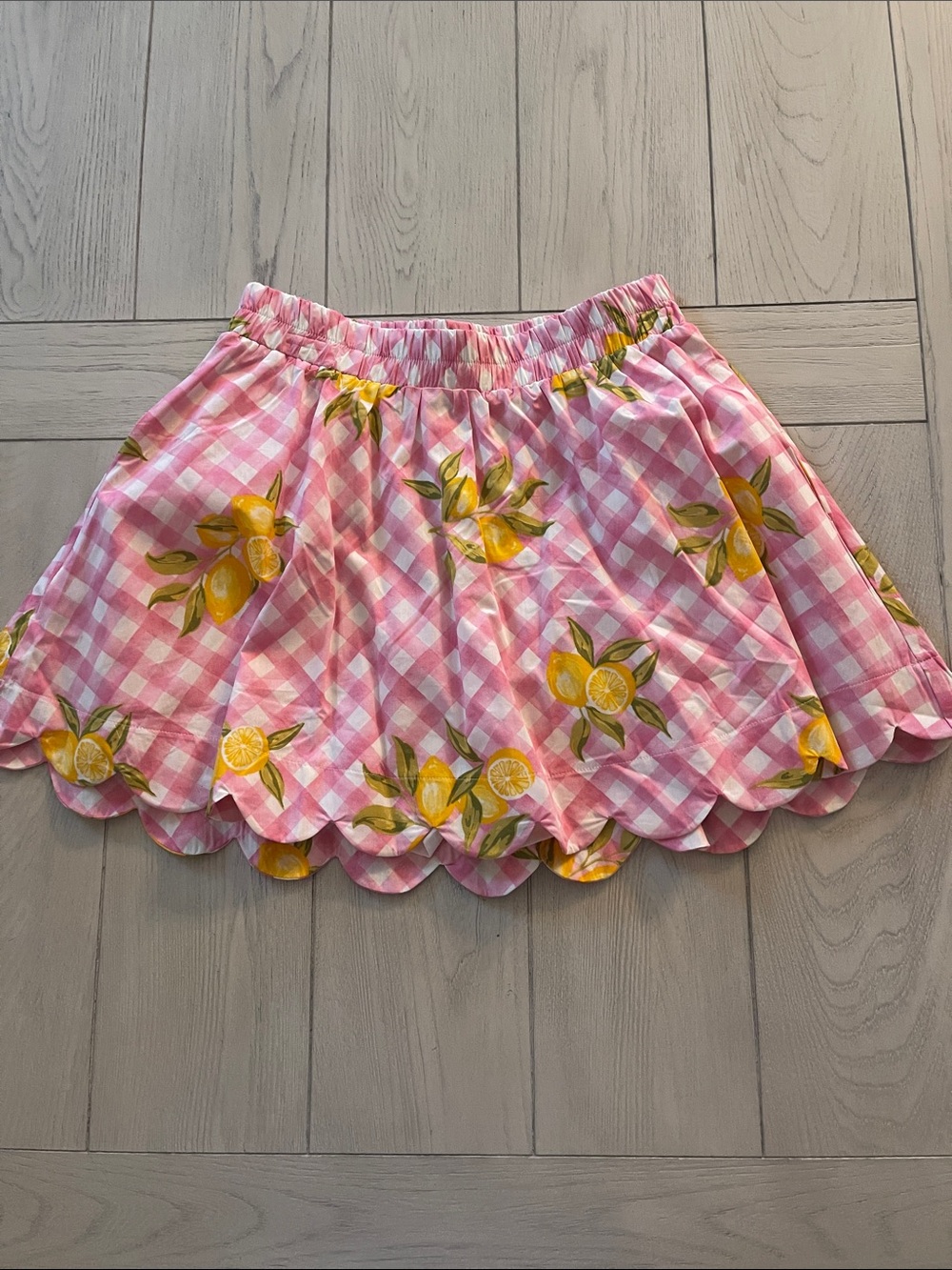 &merci Pink Gingham Lemon-Print Scalloped Skater Skort